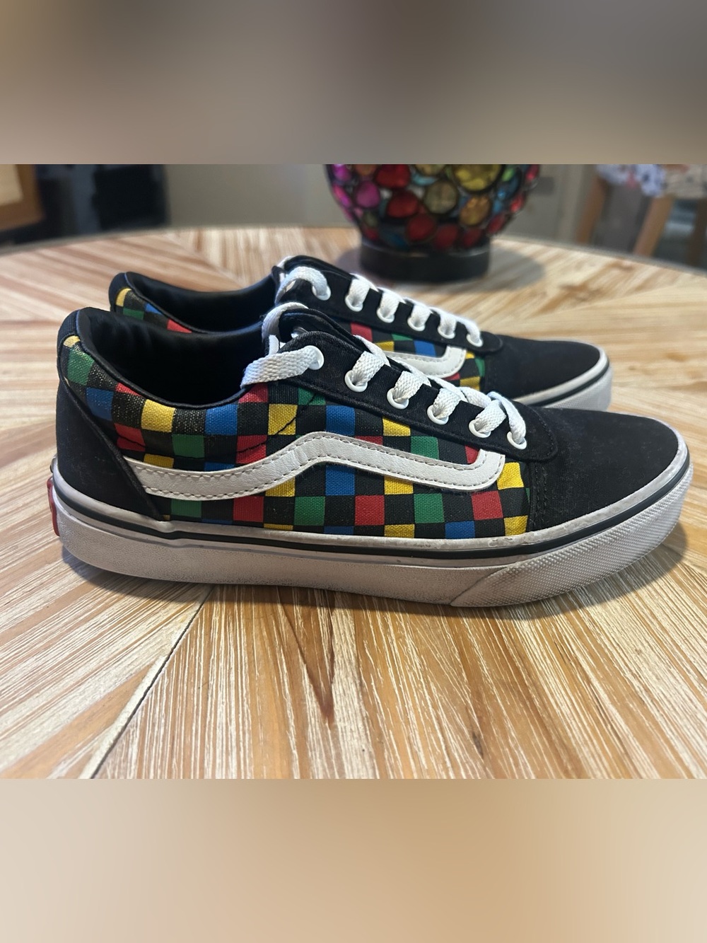 Vans Black Low-Top Sneakers with Red Yellow Blue Green Checkerboard